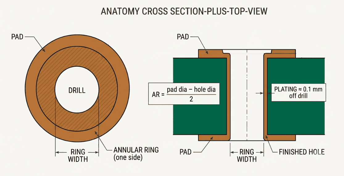 Annular ring anatomy — cross-section and top view of pad, drill, plated barrel and ring width