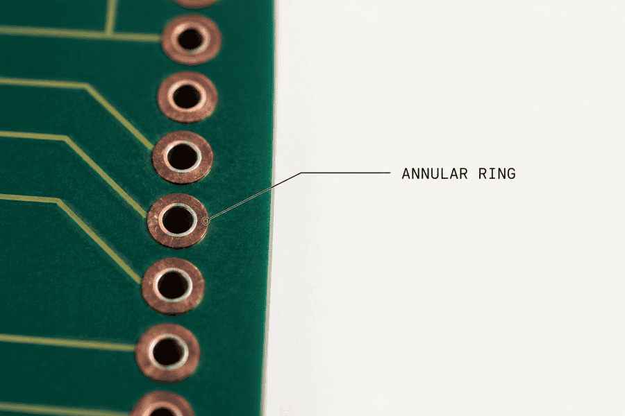 Actual representation of an annular ring in a PCB — copper pad, drilled hole and the copper ring between them