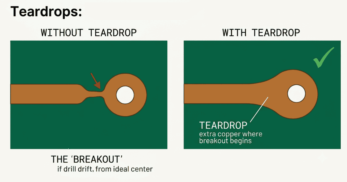 Teardrop added where a trace meets a pad to reinforce the annular ring