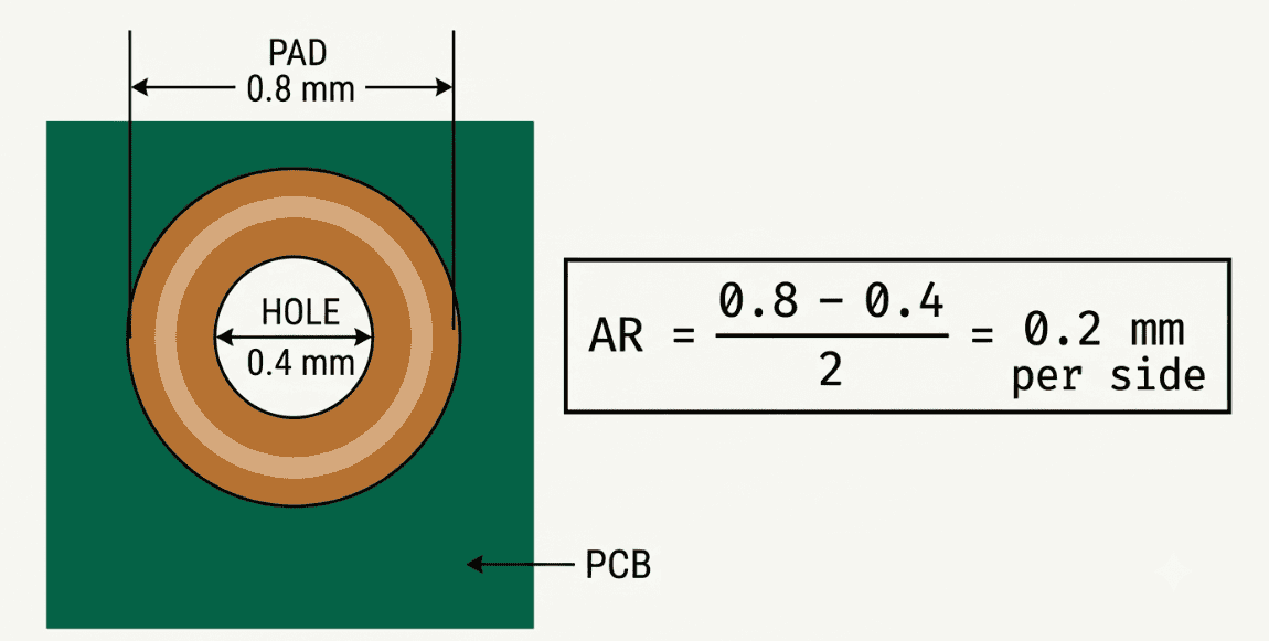 Annular ring width calculation from pad diameter and finished hole diameter