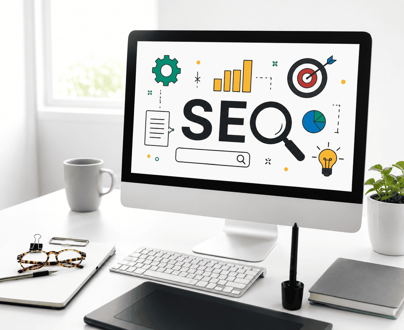 Desktop computer showing SEO graphics — gears, rankings chart, target and magnifying glass