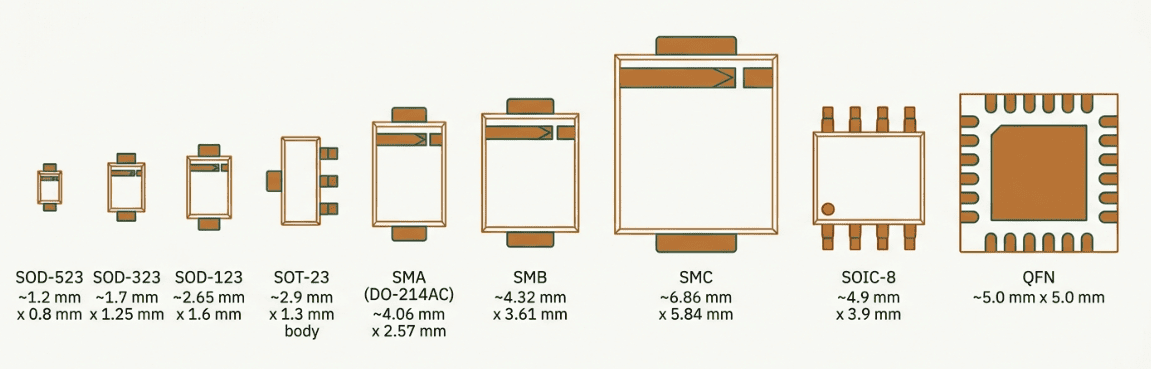 SMD diode SOD packages and IC packages including SOT-23 and SOIC side by side