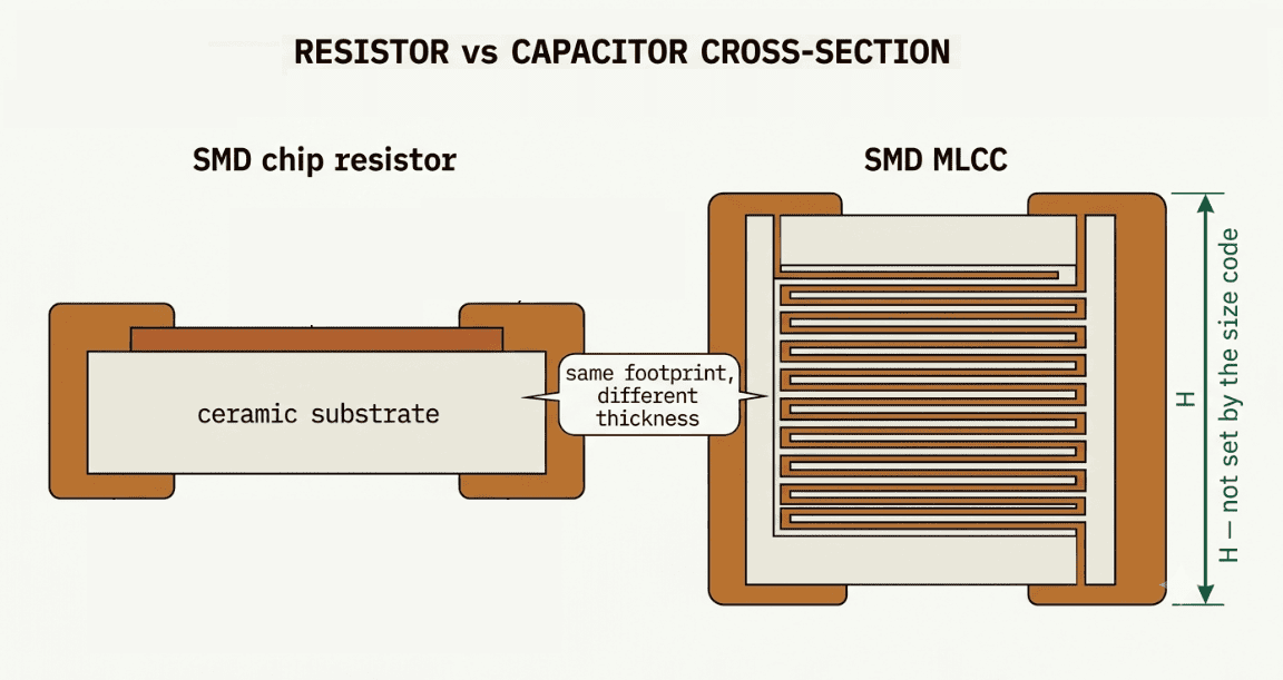 Cross-section comparison of an SMD resistor and SMD capacitor showing internal structure differences