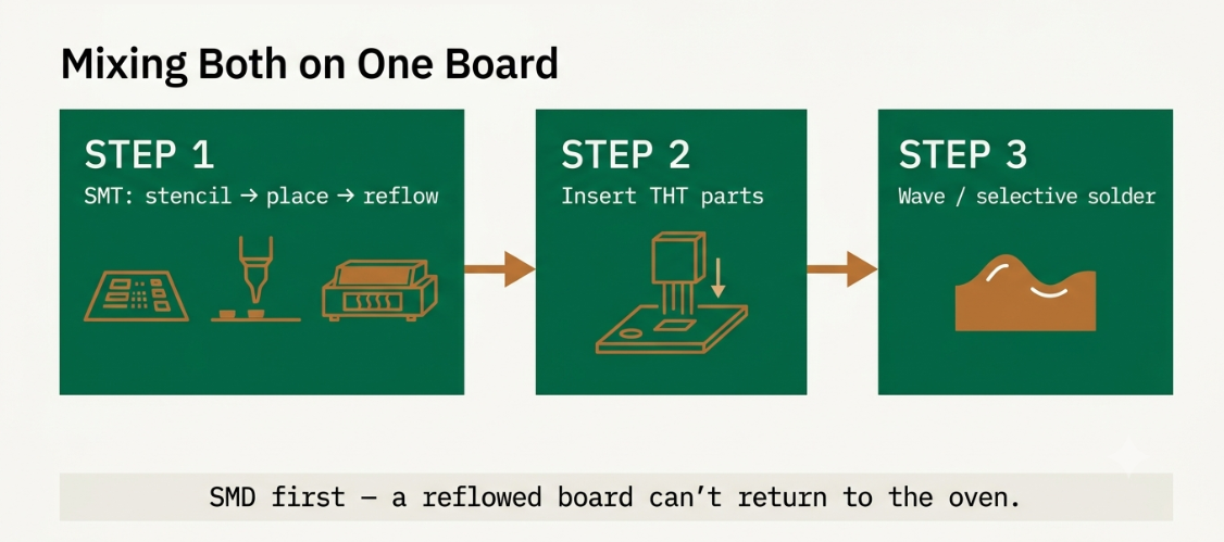 Mixed-technology soldering flow: reflow first for SMD then wave or selective solder for through-hole