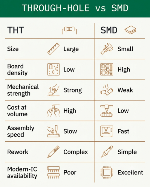 THT vs SMD component comparison chart covering size, cost, strength, and assembly speed