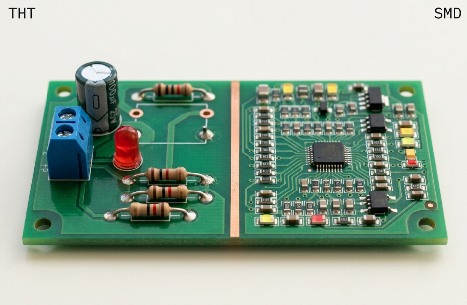 SMD and through-hole components side by side on the same PCB board