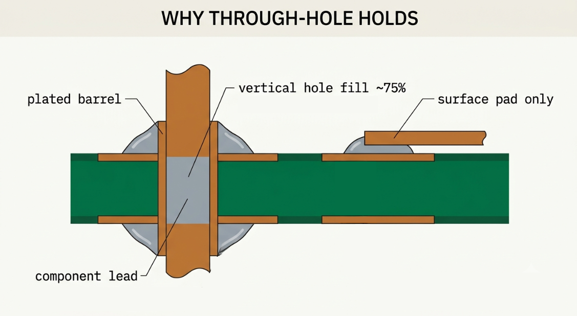 Through-hole and SMD components being soldered — side-by-side comparison on a PCB