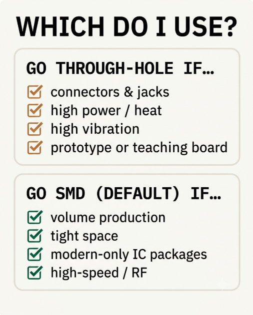 Decision guide — when to choose SMD vs through-hole (THT) components